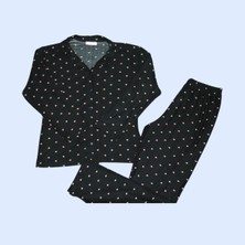 Prestij Homewear Kadın Pamuklu Siyah Mini Kalp Desenli Uzun Kollu Gömlek Yaka Pijama Takımı