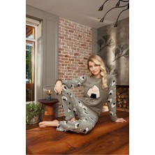 Prestij Homewear Kadın Regular Fit Desenli Bisiklet Yaka Kışlık Yumuşak Dokulu Polar Pijama Takımı
