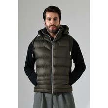 Erkek Jel Dolgu Çıkartılabilen Fermuarlı Kapüşon Su Itici Kumaş Astarlı Iç Cepli Yelek Haki