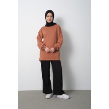 Kadın Taba Bisiklet Yaka Yırtmaç Detaylı Balon Kol 2 İplik Sweatshirt