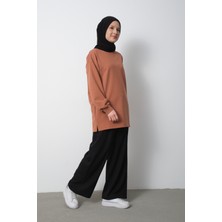 Kadın Taba Bisiklet Yaka Yırtmaç Detaylı Balon Kol 2 İplik Sweatshirt