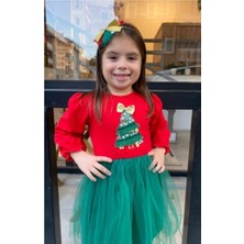 Kırmızı Renk Yılbaşı Ağacı Desenli  Noel Elbisesi