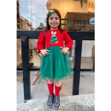 Kırmızı Renk Yılbaşı Ağacı Desenli  Noel Elbisesi