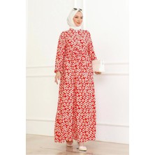 Çiçek Desenli Önü Bağlamalı Elbise / Kırmızı