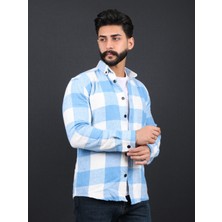 Erkek Slim Fit Mavi Beyaz Kareli Oduncu Gömlek