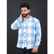 Erkek Slim Fit Mavi Beyaz Kareli Oduncu Gömlek