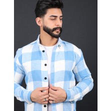 Erkek Slim Fit Mavi Beyaz Kareli Oduncu Gömlek