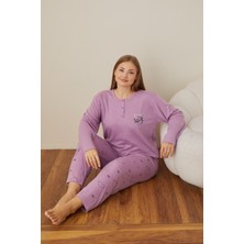 Kadın Kışlık Büyük Beden Curve Nakışlı Desenli Yakası Düğmeli Uzun Kollu Pijama Takımı