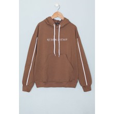 Kahverengi Baskılı Erkek Çocuk Şeritli Kapüşonlu Sweatshirt 19218