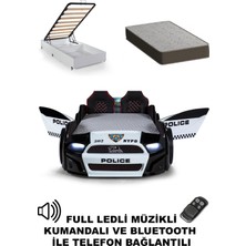 Ferramini Polis Bazalı Arabalı Yatak Kapıları Açılan Mustang Full Ledli Kumandalı ve Müzikli + Ortopedik Yatak