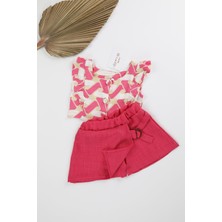 Özşe Moda Pembe  Şort Etek  Çizgi Desenli Pembe Bluz