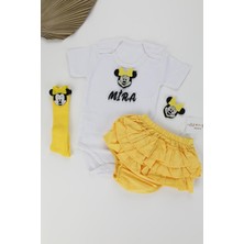 Kişiye Özel Mickey Figürlü Sarı Fırfır Şort Kısa Kol Zıbın Takım