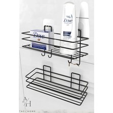 Atacı Home Paslanmaz 2'li Set Yapışkanlı 4 Kancalı Banyo Rafı Mat Siyah Banyo Şampuanlık Duşakabin Duş Askısı