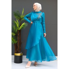 Giza Store Taşlı Organze Abiye Fuşya