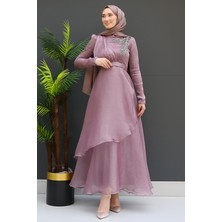 Taşlı Organze Abiye Açık Gül Kurusu