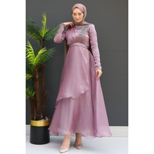 Taşlı Organze Abiye Açık Gül Kurusu