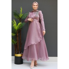 Taşlı Organze Abiye Açık Gül Kurusu