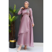 Taşlı Organze Abiye Açık Gül Kurusu