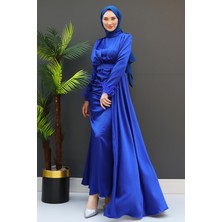 Giza Store Tüylü Saten Tesettür Elbise Gece Mavi