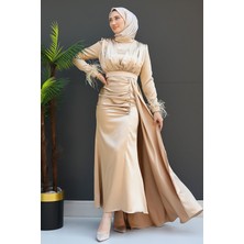 Giza Store Tüylü Saten Tesettür Elbise Gold