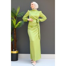 Giza Store Saten Yan Kuşaklı Elbise Yağ Yeşil