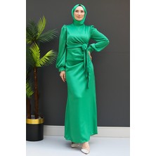 Giza Store Saten Yan Kuşaklı Elbise Açık Yeşil