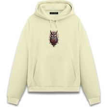 Alex Rosen Baskılı Krem Unisex Oversize Fit Pamuklu Kapüşonlu Sweatshirt