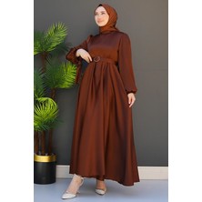 Saten Kemerli Elbise Kahve