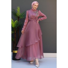 Giza Store Taşlı Organze Abiye Fuşya