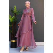 Giza Store Taşlı Organze Abiye Fuşya