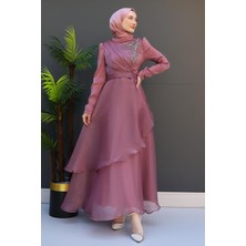 Giza Store Taşlı Organze Abiye Fuşya
