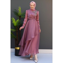 Giza Store Taşlı Organze Abiye Fuşya