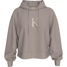 Kadın Ck Kabartma Işlemeli Kapüşonlu Sweatshirt - Gri