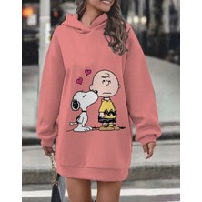 Amor Face Özel Tasarım Kapüşonlu Snoopy Baskılı Şardonlu Kışlık Spor Kadın Hoodie Elbise