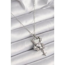 Clariss 316L Çelik Gümüş Renk Ayna Ayıcık Model Zirkon Taşlı Kalp Detay Kadın Kolye