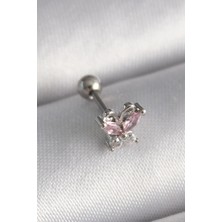 Clariss 316L Çelik Gümüş Renk Pembe Zirkon Taşlı Kelebek Tragus Piercing