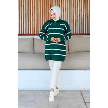 Yaka Fermuarlı Çizgili Triko Tunik