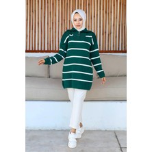 Yaka Fermuarlı Çizgili Triko Tunik
