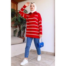 Yaka Fermuarlı Çizgili Triko Tunik