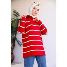 Yaka Fermuarlı Çizgili Triko Tunik