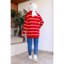 Yaka Fermuarlı Çizgili Triko Tunik