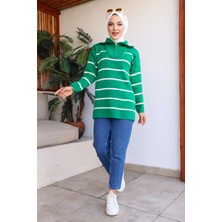Yaka Fermuarlı Çizgili Triko Tunik