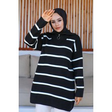Yaka Fermuarlı Çizgili Triko Tunik