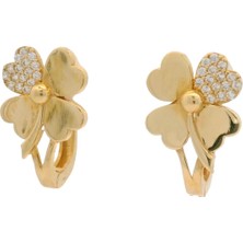 Altınöz Mücevherat Zirkon Taş Detaylı Yonca Figürü Klipsli Yeşil Altın Küpe