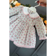 Bertuğ Bebek Bebe Yaka Dantel Detaylı Çiçek Desenli Gri Kız Çocuk Bebek Elbise