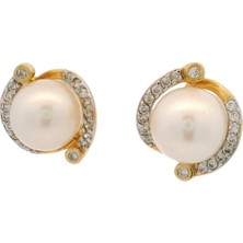 Altınöz Mücevherat Zirkon Taş Çerçeveli Ortası Incili Sade ve Şık Yeşil Altın Küpe