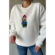 3 Iplik Köpek Motifli Nakış Işlemeli Kadın Sweatshirt