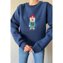 3 Iplik Köpek Motifli Nakış Işlemeli Kadın Sweatshirt