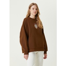 Burce Butik Bisiklet Yaka Taçlı Köpek Motifli Nakışlı Kadın Sweatshirt
