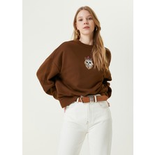 Burce Butik Bisiklet Yaka Taçlı Köpek Motifli Nakışlı Kadın Sweatshirt